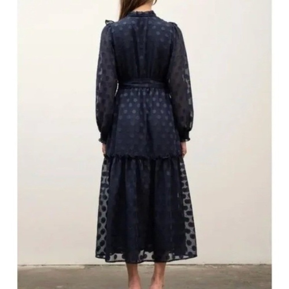 Moon River Navy Polka Dot Midi Dress Small Sheer Long Sleeve Ruffle Tie Belt - Picture 2 of 11